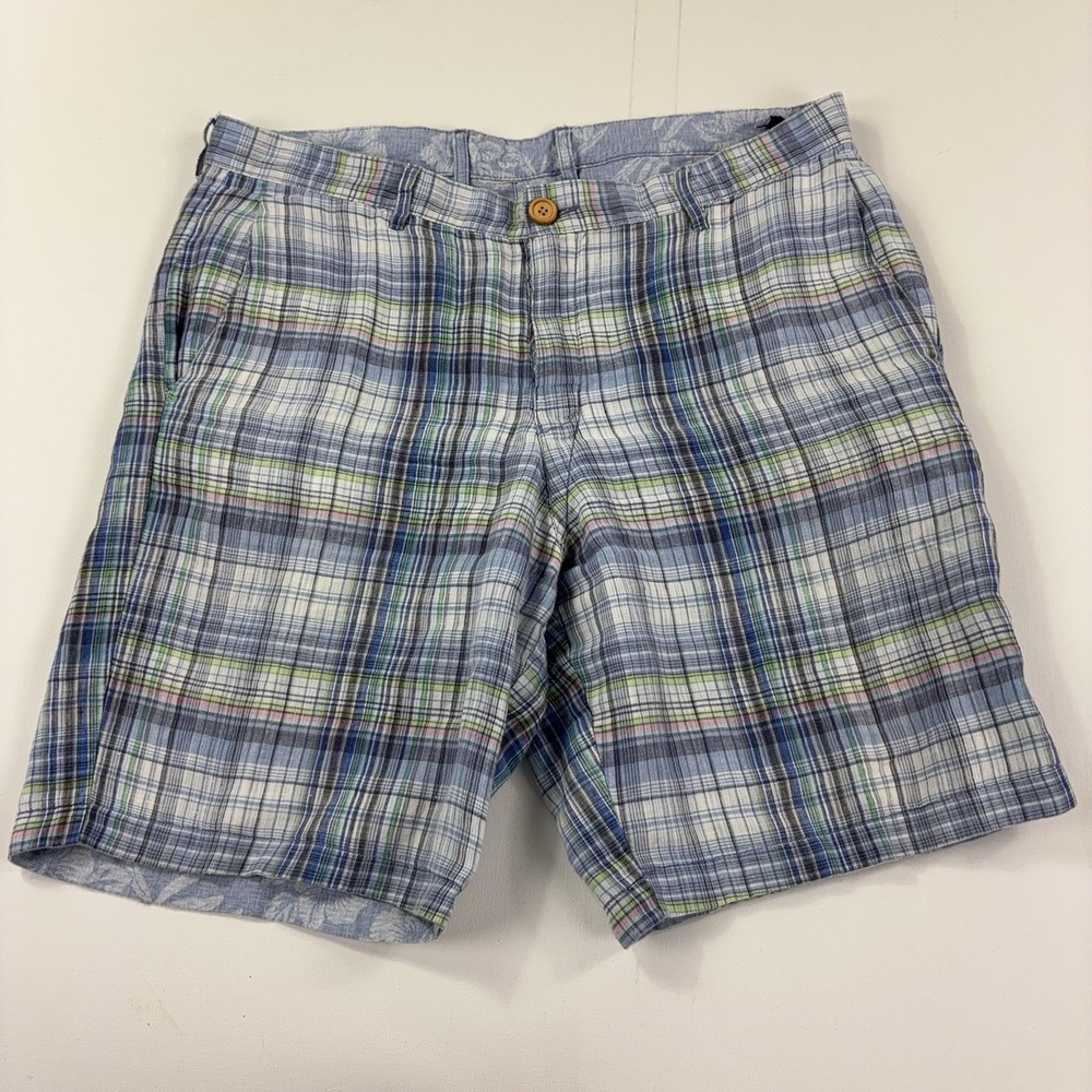 Tommy Bahama Shorts Mens 36 Blue Plaid Reversible Chino 9 Inseam Tropical Beach
